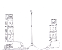 Size: 2706x2181 | Tagged: safe, artist:ciaran, derpibooru exclusive, imported from derpibooru, amplifier, background, cable, illustration, microphone, microphone stand, mixing console, no pony, simple background, speaker, stage, white background, wip