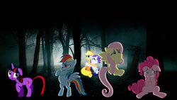 Size: 900x507 | Tagged: safe, artist:glitched-nimbus, artist:mehoep, artist:mr-kennedy92, artist:peachspices, artist:santafer, imported from derpibooru, applejack, fluttershy, pinkie pie, rainbow dash, rarity, twilight sparkle, earth pony, pegasus, pony, unicorn, female, forest, irl, mane six, mare, nature, photo, ponies in real life, scared, tree, unicorn twilight