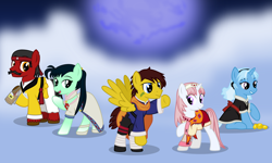 Size: 5000x3000 | Tagged: safe, artist:cranberry-tofu, imported from derpibooru, trixie, oc, oc:brave bolt, oc:coolmint, oc:wandering gallop, oc:whisper call, pony, clothes, cosplay, costume, female, lunar: eternal blue, male, mare, stallion