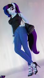 Size: 2160x3840 | Tagged: safe, alternate version, artist:shadowboltsfm, imported from derpibooru, oc, oc:maple cake, anthro, plantigrade anthro, 3d, blender, bracelet, breasts, clothes, crossed legs, denim, feet, female, hand on hip, high heels, high res, jeans, jewelry, looking at you, nail polish, not sfm, pants, ponytail, pose, purse, sexy, shoes, smiling, solo