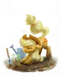 Size: 4000x5000 | Tagged: safe, artist:flvski, imported from derpibooru, applejack, earth pony, pony, applejack's hat, cowboy hat, female, gardening, hat, mare, stretching