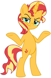 Size: 1025x1550 | Tagged: safe, alternate version, artist:savage-bases, artist:twilyisbestpone, imported from derpibooru, sunset shimmer, pony, unicorn, base used, bipedal, evil grin, female, grin, horn, looking at you, mare, shrug, shrugset shimmer, simple background, smiling, smug, smugset shimmer, solo, transparent background