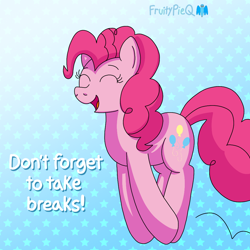 Size: 1000x1000 | Tagged: safe, artist:fruiitypieq, imported from derpibooru, pinkie pie, earth pony, pony, eyelashes, eyes closed, female, gradient background, hopping, motion lines, positive message, positive ponies, signature, smiling, solo, starry background, text, white text