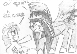 Size: 1701x1188 | Tagged: safe, artist:rosa ushiromiya, imported from derpibooru, cozy glow, twilight sparkle, alicorn, pegasus, pony, angry, duo, duo female, female, foal, mare, monochrome, older, older twilight, spanish, spread wings, traditional art, wings