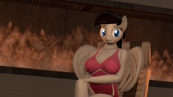 Size: 1920x1080 | Tagged: safe, artist:midnightdanny, oc, oc only, oc:midnight harmony, anthro, 3d, clothes, female, fireplace, looking at you, sitting, swimsuit