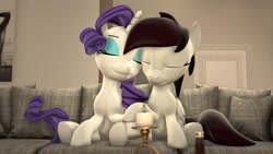 Size: 1920x1080 | Tagged: safe, artist:midnightdanny, rarity, oc, oc only, oc:midnight harmony, pony, 3d, cuddling, eyes closed, female, mare, side by side