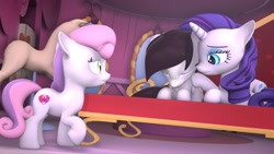 Size: 1920x1080 | Tagged: safe, artist:midnightdanny, rarity, sweetie belle, oc, oc only, oc:midnight harmony, pony, 3d, female, lying down, mare, sad