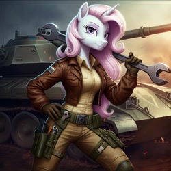 Size: 1024x1024 | Tagged: safe, imported from derpibooru, fleur-de-lis, anthro, unicorn, ai content, ai generated, belt, clothes, cosplay, costume, cover girl, female, g.i. joe, generator:google imagen 3.0, gloves, hand on hip, horn, jacket, leather, leather jacket, prompter:zerowinger, smiling, solo, tank (vehicle), utility belt, wrench