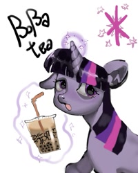 Size: 961x1201 | Tagged: safe, artist:lide, imported from derpibooru, twilight sparkle, pony, unicorn, bubble tea, drink, female, horn, levitation, magic, mare, one ear down, open mouth, simple background, solo, telekinesis, text, unicorn twilight, white background