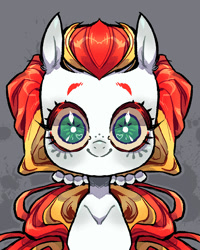 Size: 1080x1350 | Tagged: safe, alternate version, artist:batzy-artz, imported from derpibooru, part of a set, citrus sweetheart, earth pony, pony, abstract background, alternate design, alternate hairstyle, big eyes, colored eyelashes, colored sclera, creepy, creepy smile, female, g3, green eyes, hair tie, heart, heart eyes, looking at you, mare, outline, ponytail, red eyelashes, shiny eyelashes, smiling, solo, staring at you, staring into your soul, symmetrical, tied mane, toy interpretation, two toned mane, white coat, white pupils, wide eyes, wingding eyes, yellow sclera