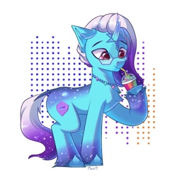 Size: 2000x2000 | Tagged: safe, artist:maxi_ponie, imported from derpibooru, pony, auroricorn, comet (g5), drink, drinking, drinking straw, ear fluff, g5, glasses, high res, horn, jewelry, male, necklace, raised hoof, simple background, smiling, smoothie, solo, stallion, tail, unshorn fetlocks, white background