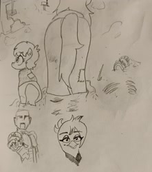 Size: 1810x2048 | Tagged: safe, artist:pony quarantine, imported from derpibooru, oc, oc:whore birb, earth pony, griffon, pony, robot, bust, butt, female, filly, foal, grayscale, griffon oc, mare, monochrome, partially submerged, pencil drawing, plot, pointing at you, rear view, traditional art