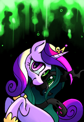 Size: 1410x2048 | Tagged: safe, artist:chipchapp, imported from derpibooru, princess cadance, queen chrysalis, alicorn, changeling, changeling queen, pony, abstract background, changeling horn, colored pupils, crown, curly mane, curly tail, disguise, disguised changeling, duality, duo, duo female, eyelashes, female, gradient sclera, green eyes, hoof shoes, horn, implied changeling, jewelry, long horn, looking at you, looking back, mare, open mouth, open smile, peytral, pink coat, pink eyes, princess shoes, profile, purple pupils, raised hoof, raised hooves, regalia, smiling, smiling at you, tail, texture, three quarter view, three toned mane, tiara, two toned tail, unicorn horn, wingless