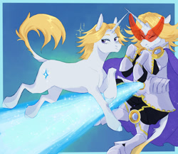 Size: 1500x1300 | Tagged: safe, artist:abbytabbys, imported from derpibooru, part of a set, classical unicorn, pony, unicorn, :>, anime, aoyama yuga, armor, baggy pants, belt buckle, blonde mane, blonde tail, blue background, blue eyeshadow, blue hooves, bodysuit, boots, border, cape, chestplate, clothes, cloven hooves, colored eyebrows, colored hooves, costume, duality, emanata, eyelashes, eyes closed, eyeshadow, floppy ears, fluffy mane, fluffy tail, galloping, hoof boots, hooves, horn, laser, leonine tail, lidded eyes, long horn, looking back, magic, makeup, male, my hero academia, pants, passepartout, plewds, ponified, purple eyes, raised hooves, scrunchy face, shiny hooves, shiny mane, shiny tail, shoes, shoulder pads, simple background, solo, sparkles, superhero costume, sweat, sweatdrop, tail, tail fluff, teenager, three quarter view, unicorn horn, unshorn fetlocks, visor, white coat