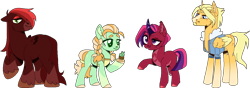 Size: 1352x475 | Tagged: safe, artist:jusenji, artist:nond-tastic, imported from derpibooru, oc, oc only, earth pony, pegasus, pony, unicorn, apron, base used, clothes, coat markings, collaboration, cupcake, earth pony oc, facial hair, facial markings, female, food, freckles, goatee, hoof hold, horn, jacket, male, mare, mealy mouth (coat marking), offspring, parent:applejack, parent:big macintosh, parent:flash sentry, parent:fluttershy, parent:rainbow dash, parent:soarin', parent:trouble shoes, parent:twilight sparkle, parents:flutterflash, parents:soarinjack, parents:troubledash, parents:twimac, pegasus oc, simple background, stallion, stripe (coat marking), transparent background, unicorn oc, wings