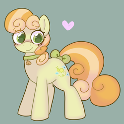 Size: 1800x1800 | Tagged: safe, artist:php193, imported from derpibooru, junebug, earth pony, pony, adorabug, background pony, bell, bell collar, bow, collar, curly mane, cute, female, green background, mare, simple background, solo, solo female, tail, tail bow, wingding eyes