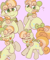 Size: 1500x1800 | Tagged: safe, artist:php193, imported from derpibooru, junebug, earth pony, pony, adorabug, background pony, bell, bell collar, blushing, bow, collar, curly mane, curly tail, cute, female, hair bow, happy, laughing, mare, smiling, solo, solo female, tail, tail bow