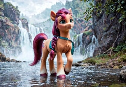 Size: 3072x2112 | Tagged: safe, imported from derpibooru, sunny starscout, earth pony, pony, ai content, ai generated, bag, chest fluff, cloud, g5, generator:stable diffusion, nature, prompter:kluknawa235, realistic, smiling, tree, water, waterfall