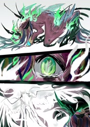 Size: 2894x4093 | Tagged: safe, artist:r-cang, imported from derpibooru, princess cadance, queen chrysalis, alicorn, changeling, changeling queen, pony, alternate universe, angel, comic, crying, female, green eyes, looking at someone, merging