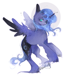 Size: 4846x5054 | Tagged: safe, artist:hoszzek, imported from derpibooru, princess luna, alicorn, pony, absurd resolution, female, hoof fluff, long feather, mare, rearing, s1 luna, signature, simple background, solo, spread wings, unusual pupils, white background, wings