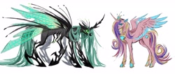 Size: 4841x2060 | Tagged: safe, artist:r-cang, imported from derpibooru, princess cadance, queen chrysalis, alicorn, changeling, changeling queen, pony, duo, duo female, female, full body, mare, side view, simple background, white background, wings