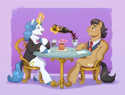 Size: 7411x5643 | Tagged: safe, artist:birdoffnorth, imported from derpibooru, fancypants, filthy rich, earth pony, pony, unicorn, absurd resolution, alcohol, bottle, chair, clothes, commission, drink, duo, duo male, glass, glowing, glowing horn, hooves on the table, horn, looking at each other, looking at someone, magic, male, necktie, potted plant, pouring, purple background, side view, simple background, sitting, sitting at table, stallion, suit, table, talking, wine, wine bottle, wine glass