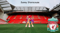 Size: 2000x1125 | Tagged: safe, editor:izzymoonbow 444, imported from derpibooru, sunny starscout, earth pony, pony, anfield, cap, comic sans, g5, hat, liverpool, liverpool fc, mane stripe sunny, nike, nike logo, solo