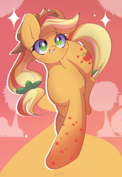 Size: 2000x2900 | Tagged: safe, artist:miryelis, imported from derpibooru, applejack, earth pony, pony, abstract background, freckles, full body, hat, long hair, rainbow power, smiling, solo, sparkles