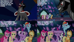 Size: 2000x1125 | Tagged: safe, edit, edited screencap, editor:quoterific, imported from derpibooru, screencap, applejack, fluttershy, king sombra, pinkie pie, rainbow dash, rarity, twilight sparkle, the beginning of the end, mane six