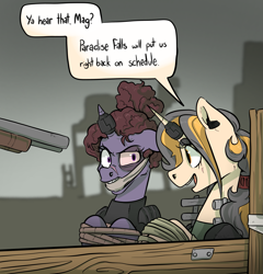 Size: 2093x2183 | Tagged: safe, artist:smirk, imported from derpibooru, oc, oc only, oc:anne arkie, oc:mag cap, unicorn, fallout equestria, black eye, captive, clothes, dialogue, duo, ear piercing, floppy ears, gag, gun, horn, implied slavery, piercing, scar, shotgun, tied up, unicorn oc, weapon