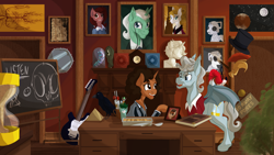 Size: 4000x2250 | Tagged: safe, artist:sixes&sevens, imported from derpibooru, bat pony, cyberman, pony, unicorn, bill potts, chalkboard, clara oswin oswald, desk, doctor who, first doctor, food, guitar, horn, hourglass, indoors, lasagna, musical instrument, pasta, ponified, river song (doctor who), susan foreman, twelfth doctor, wallpaper