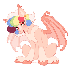 Size: 1450x1350 | Tagged: safe, artist:sociofag, imported from derpibooru, oc, oc only, bat pony, bat pony oc, bat wings, colored wings, ear fluff, ear piercing, earring, eyebrows, eyebrows visible through hair, fangs, female, flirting, full body, hoof fluff, jewelry, mare, multicolored hair, multicolored wings, piercing, simple background, smiling, solo, solo female, spread wings, white background, wings