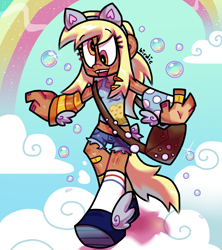 Size: 2094x2358 | Tagged: safe, artist:spritecranbirdie, imported from derpibooru, derpy hooves, human, bag, blonde hair, blonde tail, bubble, clothes, cloud, female, humanized, open mouth, open smile, rainbow, shoes, shorts, smiling, solo, tail