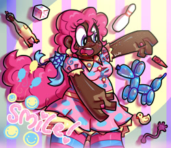 Size: 2613x2256 | Tagged: safe, artist:spritecranbirdie, imported from derpibooru, pinkie pie, human, :o, abstract background, balloon, cube, dark skin, humanized, open mouth, solo