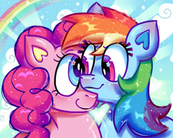 Size: 1685x1344 | Tagged: safe, artist:spritecranbirdie, imported from derpibooru, pinkie pie, rainbow dash, earth pony, pegasus, pony, cloud, duo, duo female, female, lesbian, looking at each other, looking at someone, mare, pinkiedash, rainbow, shipping, smiling