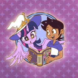 Size: 1200x1200 | Tagged: safe, artist:sophie scruggs, imported from derpibooru, twilight sparkle, alicorn, human, pony, abstract background, book, clothes, duo, duo female, ear piercing, female, females only, hat, luz noceda (the owl house), mare, open mouth, piercing, sparkles, sparkly eyes, spread wings, the good witch azura, the owl house, twilight sparkle (alicorn), wingding eyes, wings, witch, witch hat