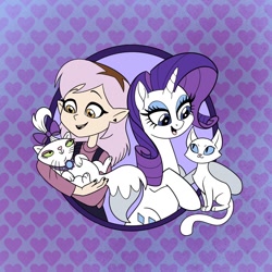 Size: 1200x1200 | Tagged: safe, artist:sophie scruggs, imported from derpibooru, opalescence, rarity, cat, pony, unicorn, spoiler:the owl house, abstract background, amity blight, bow, duo, duo female, ear piercing, eyeshadow, female, females only, ghost (the owl house), hair bow, heart, horn, humanoid, makeup, mare, palisman, pet, piercing, the owl house, witch