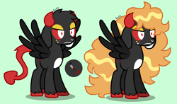 Size: 3000x1767 | Tagged: safe, artist:spritecranbirdie, imported from derpibooru, demon, goat, pegasus, pony, black coat, long hair, red sclera, simple background, solo, teal background, white eyes