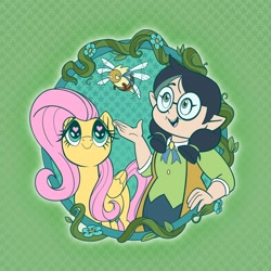 Size: 1200x1200 | Tagged: safe, artist:sophie scruggs, imported from derpibooru, fluttershy, bee, insect, pegasus, pony, spoiler:the owl house, abstract background, clothes, clover (the owl house), cute, duo, duo female, female, flower, flying, folded wings, glasses, hand, hand on hip, heart, heart eyes, humanoid, open mouth, palisman, plant, shyabetes, the owl house, willow park, wingding eyes, wings, witch