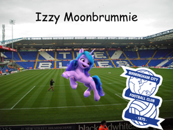 Size: 1500x1125 | Tagged: safe, editor:izzymoonbow 444, imported from derpibooru, izzy moonbow, human, pony, unicorn, birmingham, birmingham city, comic sans, football, g5, horn, irl, irl human, photo, solo, sports, st andrews