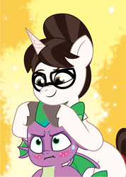 Size: 1070x1501 | Tagged: safe, artist:prixy05, imported from derpibooru, raven, spike, dragon, pony, unicorn, blushing, commission, commissioner:pony4koma, duo, duo male and female, female, g4 to g5, g5, generation leap, glasses, horn, male, my little pony: tell your tale, orange background, ravenspike, shipping, simple background, straight, sweat, sweatdrop