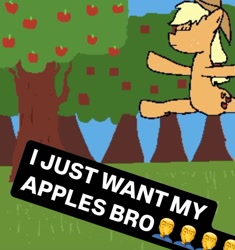 Size: 828x879 | Tagged: safe, artist:peapchhh, imported from derpibooru, applejack, earth pony, pony, grass, leaping, meme, needs more jpeg, ponified meme, solo, tree