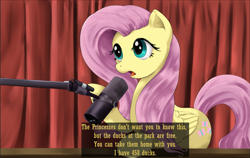 Size: 2293x1445 | Tagged: safe, artist:lillslim, imported from derpibooru, fluttershy, pegasus, pony, curtains, dialogue, digital art, digital painting, drawthread, female, folded wings, mare, meme, microphone, open mouth, podcast, ponified, ponified meme, requested art, shiny eyes, solo, subtitles, wings