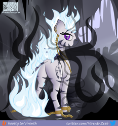 Size: 1000x1074 | Tagged: safe, artist:virenth, imported from derpibooru, oc, oc:twinkle fox, oc:virenth, demon, demon pony, original species, zebra, chains, eldritch horror, female, looking at you, looking back, looking back at you, mane of fire, nightmare version, presenting, solo, solo female, standing, tentacles