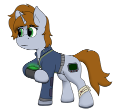 Size: 1557x1401 | Tagged: safe, artist:rusty kettle, imported from derpibooru, oc, oc only, oc:littlepip, unicorn, fallout equestria, bandage, clothes, fallout, female, green eyes, horn, jumpsuit, pipbuck, simple background, solo, transparent background, vault suit