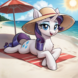 Size: 1024x1024 | Tagged: safe, imported from derpibooru, rarity, ai content, ai generated, beach, generator:pony diffusion v6 xl, generator:stable diffusion, ocean, panama hat, prompter:thelight3d, umbrella, water