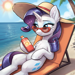 Size: 1024x1024 | Tagged: safe, imported from derpibooru, rarity, ai content, ai generated, generator:pony diffusion v6 xl, generator:stable diffusion, glasses, palm tree, panama hat, prompter:thelight3d, tree