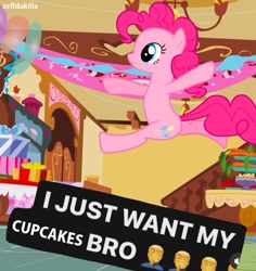 Size: 1125x1191 | Tagged: safe, artist:zeffdakilla, imported from derpibooru, pinkie pie, earth pony, pony, i just want my fries bro, indoors, leaping, meme, ponified meme, solo