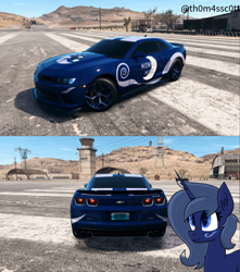 Size: 956x1080 | Tagged: safe, artist:kiwipone, artist:snowy starshine, imported from derpibooru, oc, oc:midnight music, pony, unicorn, airfield, car, horn, looking up, mountain, mountain range, need for speed, sky