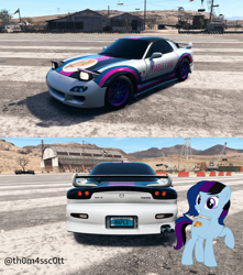 Size: 954x1078 | Tagged: safe, artist:pootanger_sfm, artist:snowy starshine, imported from derpibooru, oc, oc:maple cake, earth pony, pony, airfield, car, grin, looking at you, mountain, mountain range, need for speed, raised hoof, sky, smiling